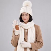 White knitted winter hat scarf and gloves set front view
