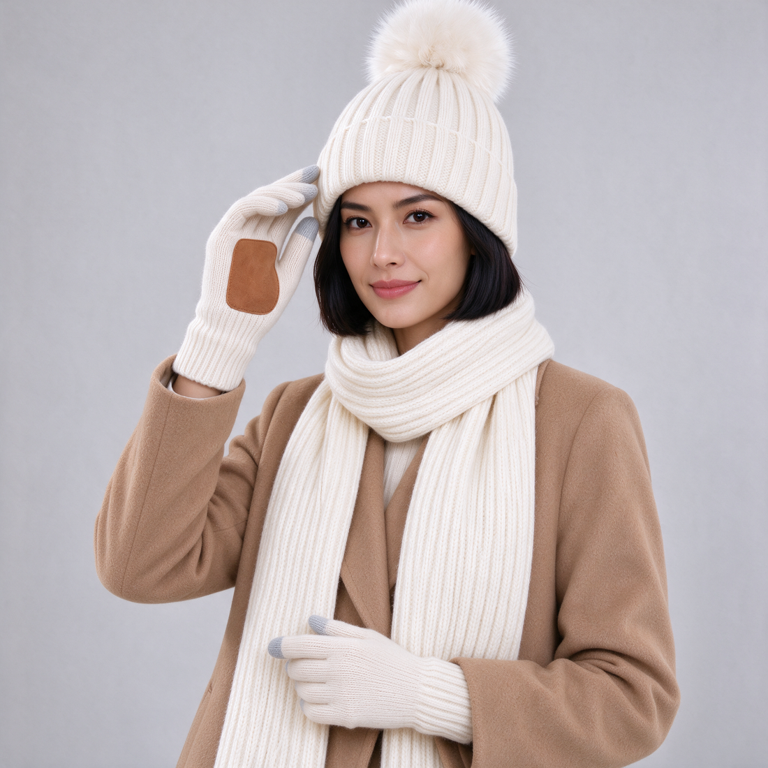 White knitted winter hat scarf and gloves set front view