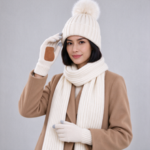White knitted winter hat scarf and gloves set alternate view