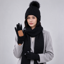 Black knitted winter hat scarf and gloves set