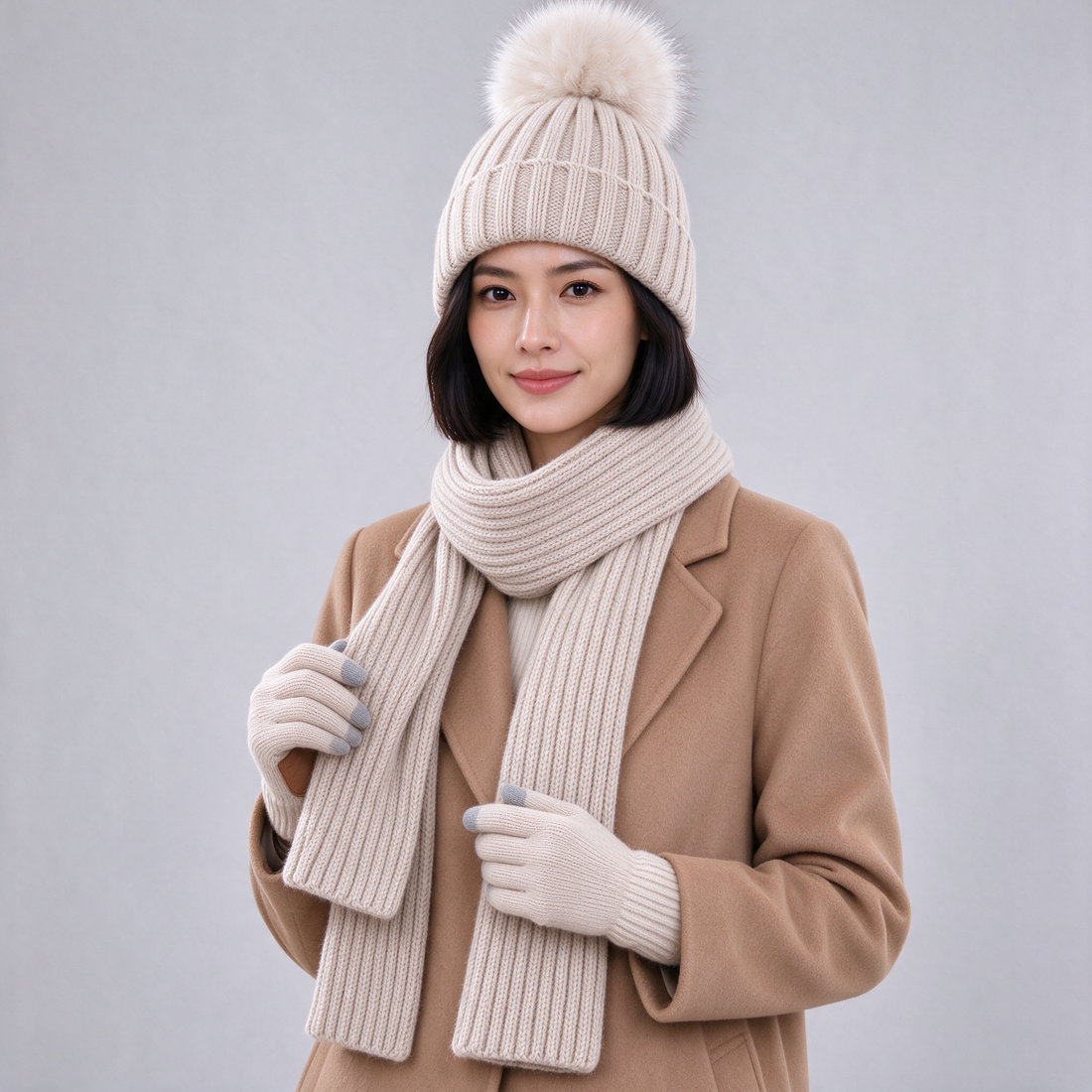 Beige knitted winter hat scarf and gloves set