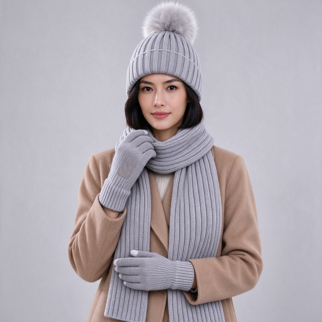 Light grey knitted winter hat scarf and gloves set