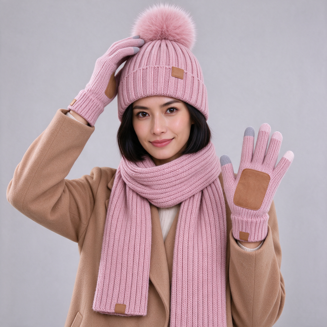 Pink knitted winter hat scarf and gloves set