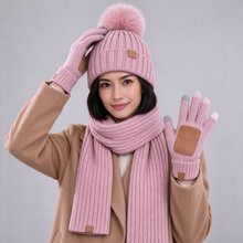 Pink knitted winter hat scarf and gloves set