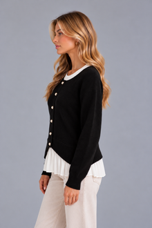 Women’s Layered Knit Cardigan – Button Front Pleated Hem Jumper