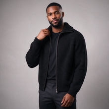 Men's black ribbed funnel-neck full-zip knit cardigan