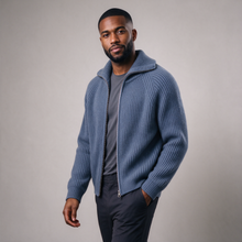 Men's blue ribbed funnel-neck full-zip knit cardigan