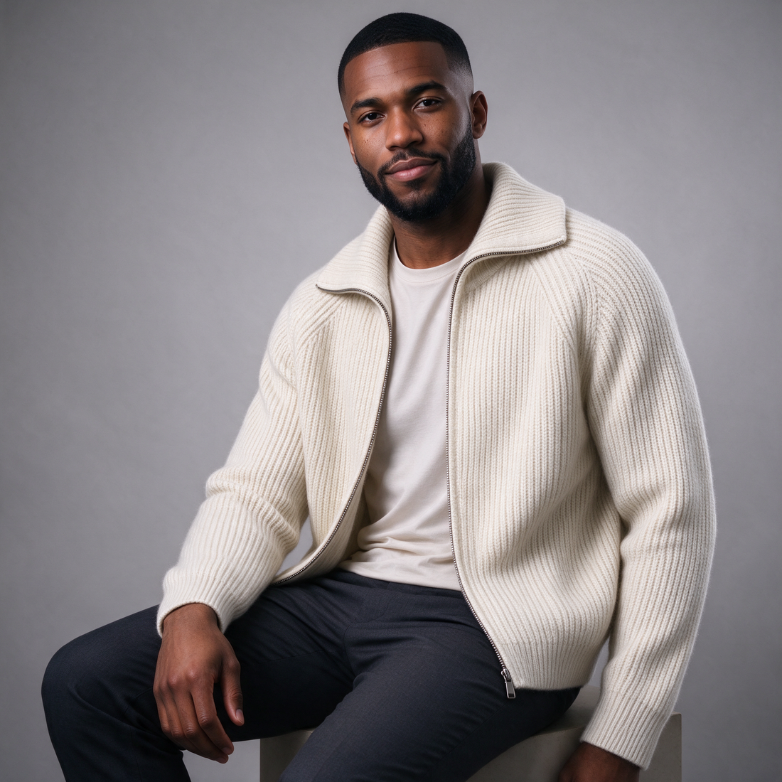 Men's white ribbed funnel-neck full-zip knit cardigan, front view