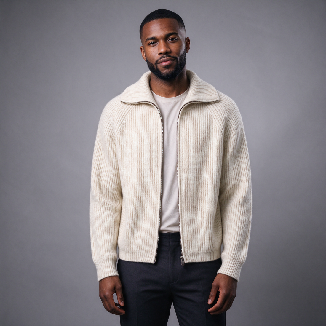 Men's white ribbed funnel-neck full-zip knit cardigan, front view