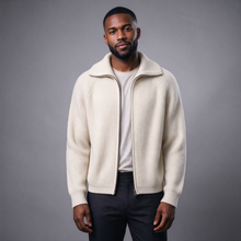 Men's white ribbed funnel-neck full-zip knit cardigan, front view