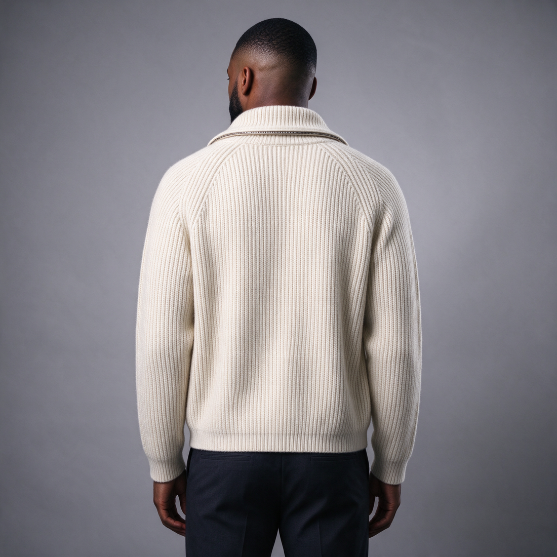 Men's white ribbed full-zip knit cardigan, rear view