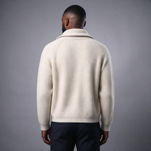 Men's white ribbed full-zip knit cardigan, rear view