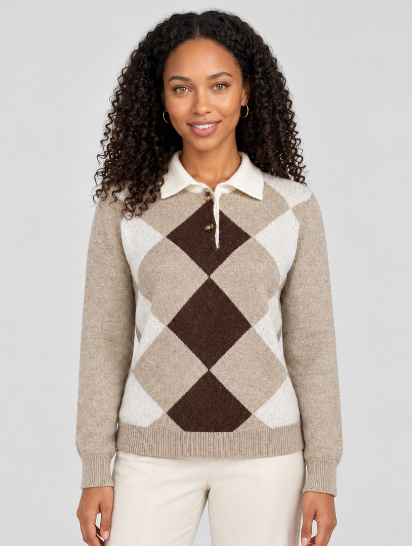 Women's beige argyle collared jumper – front view