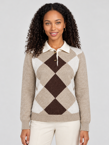 Women's beige argyle collared jumper – front view