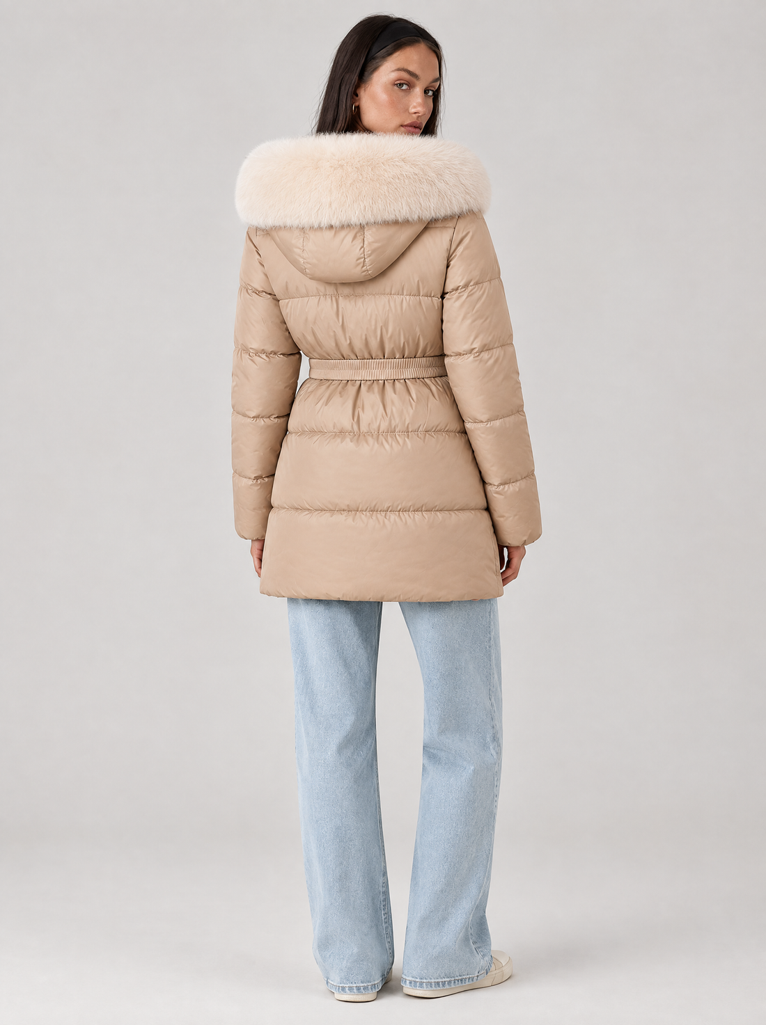 Women's beige faux fur hooded puffer jacket – front view