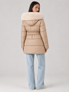 Women's beige faux fur hooded puffer jacket – back view