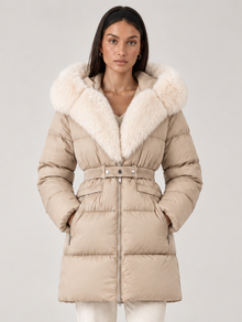 Women's beige faux fur hooded puffer jacket – front view