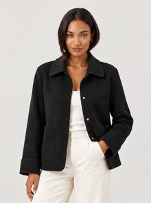 Women's black collared shacket with patch pockets