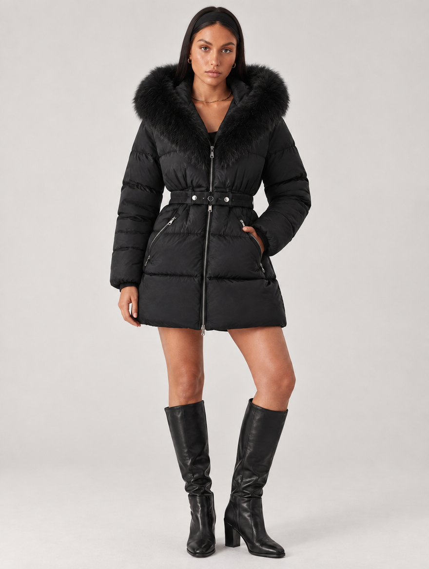 Women's black faux fur hooded puffer jacket