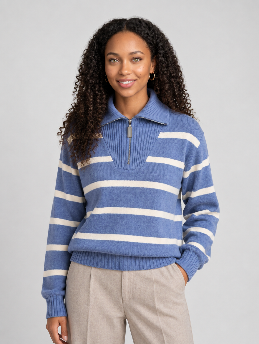 Women's blue striped half-zip knitted jumper