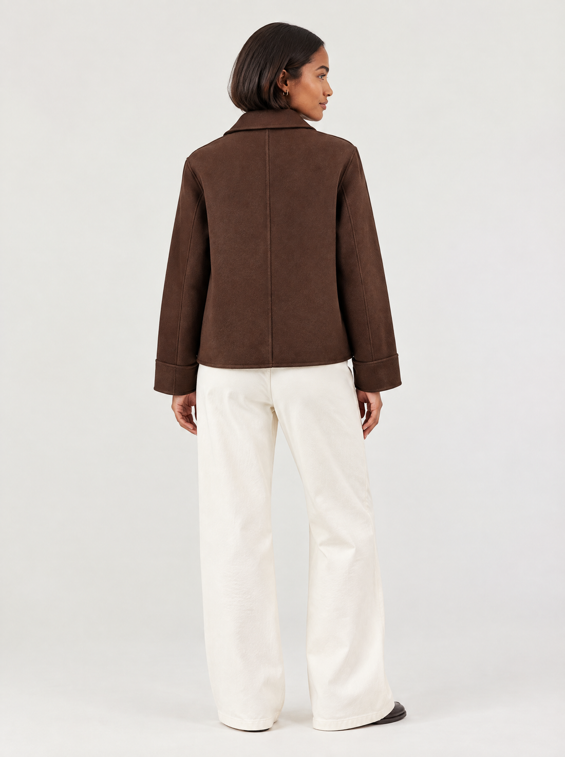 Women's brown collared shacket with patch pockets – back view
