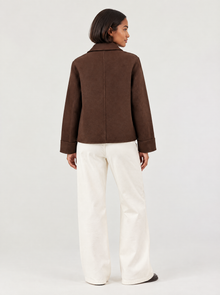 Women's brown collared shacket with patch pockets – back view
