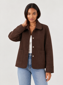 Women's brown collared shacket – collar, buttons and pocket detail