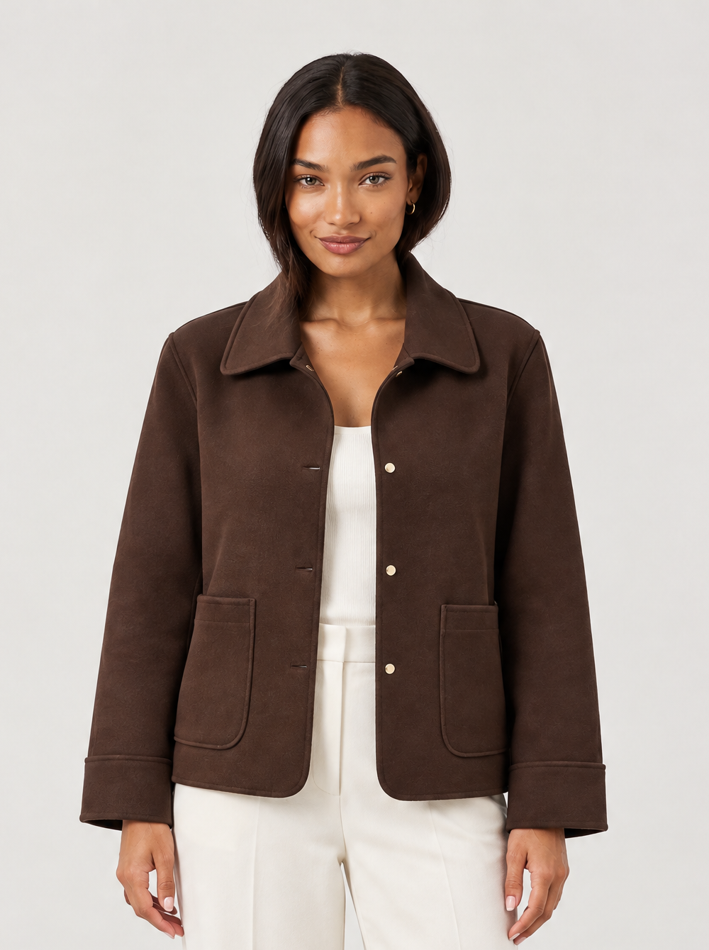 Women's brown collared shacket with patch pockets – front view