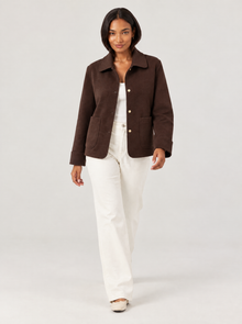 Women's brown collared shacket – studio walking pose
