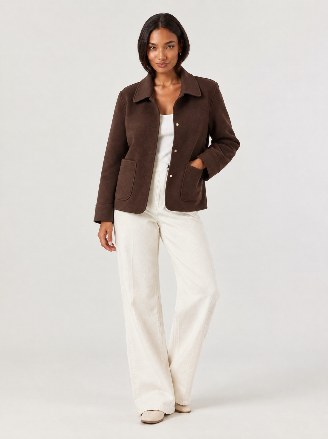 Women's brown collared shacket with patch pockets – front view