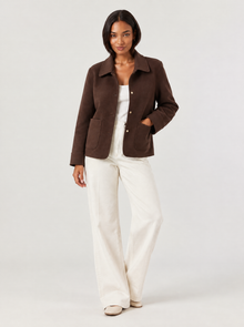 Women's brown collared shacket with patch pockets – three-quarter view