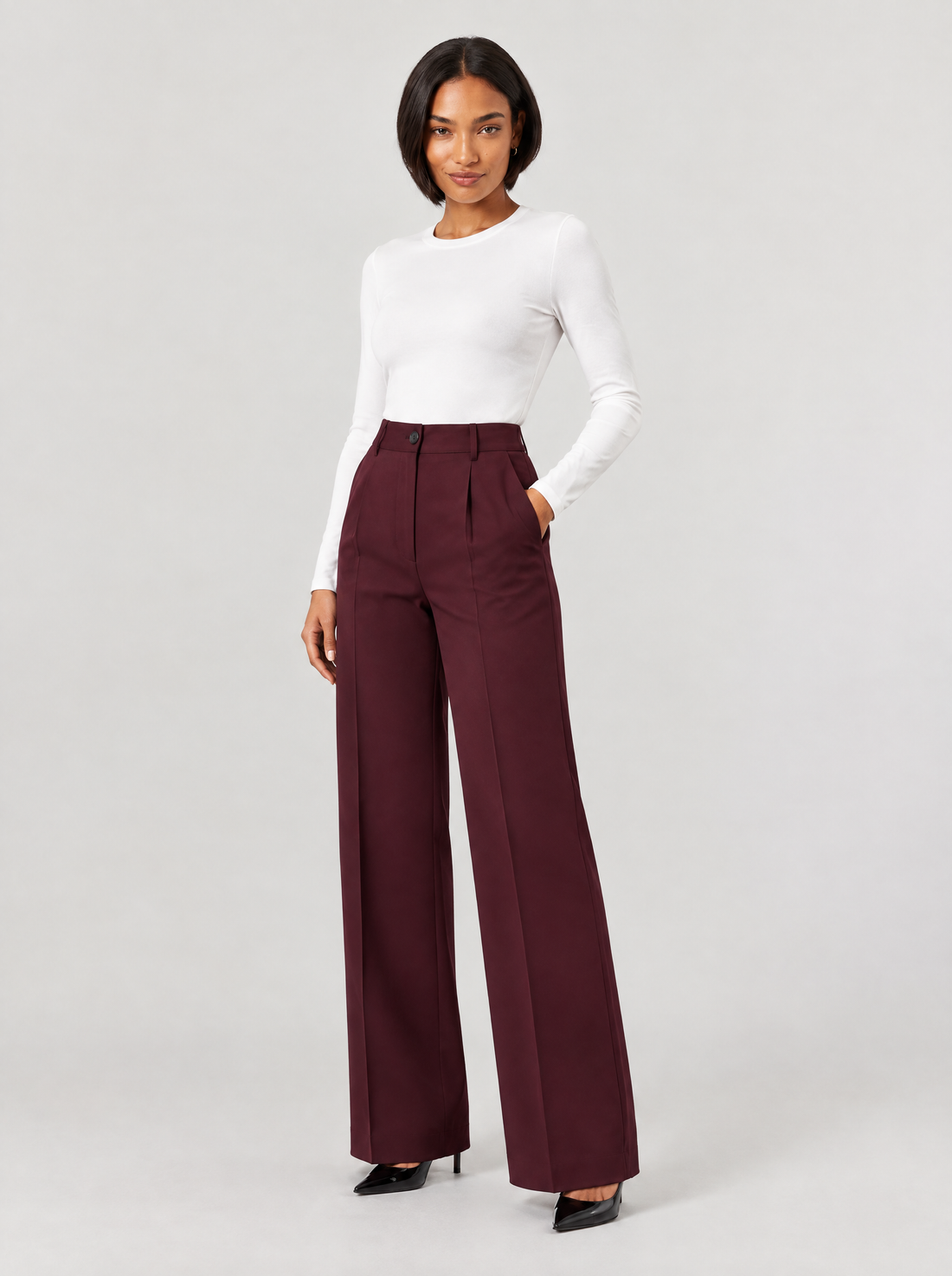 Women's burgundy high-waisted tailored work trousers