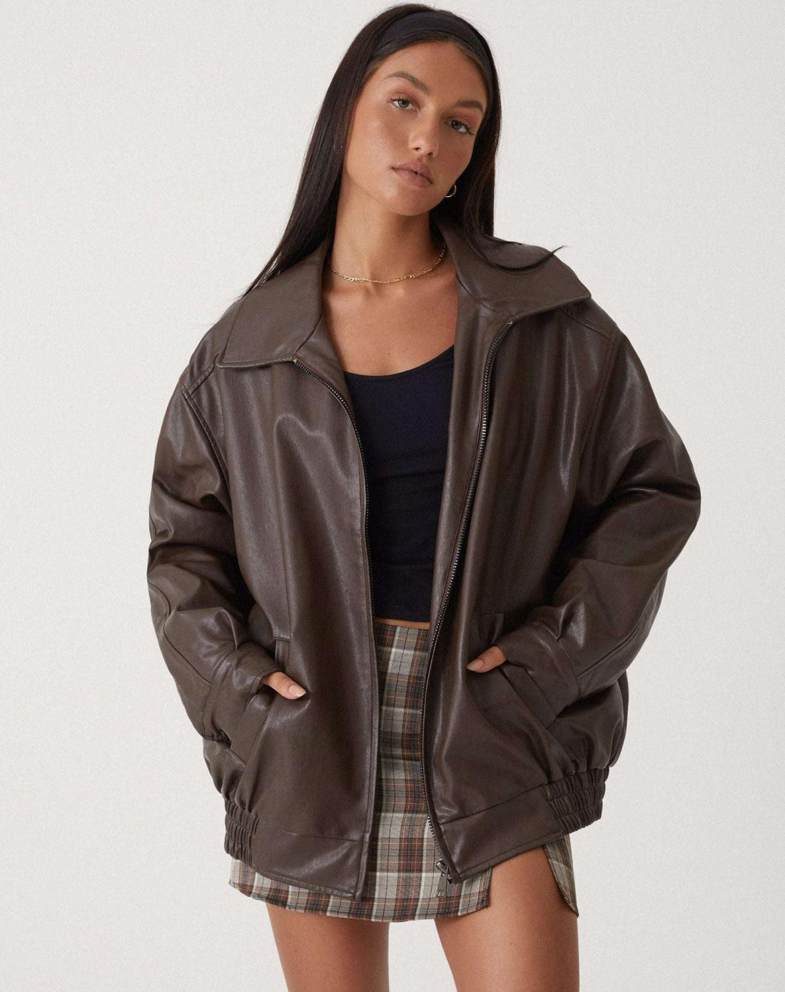Women's Oversized Faux Leather Bomber Jacket in Brown