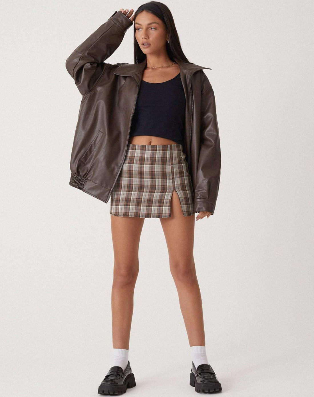 Women's Oversized Faux Leather Bomber Jacket in Brown