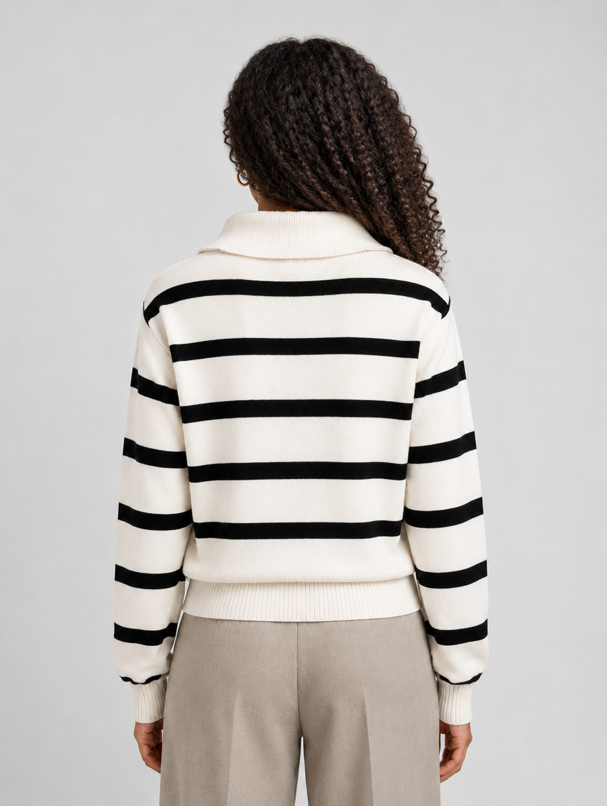 Women's cream striped half-zip knitted jumper – front view