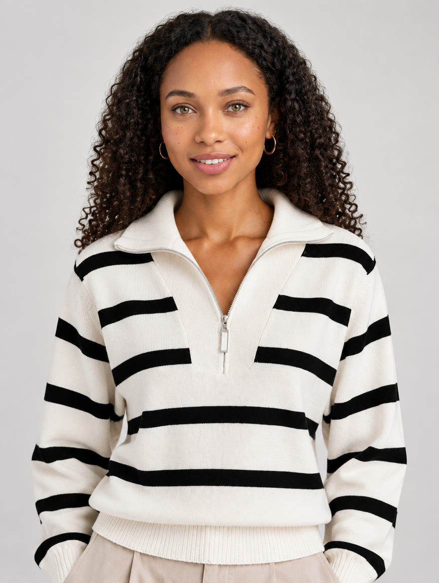 Women's cream striped half-zip knitted jumper – collar and zip detail