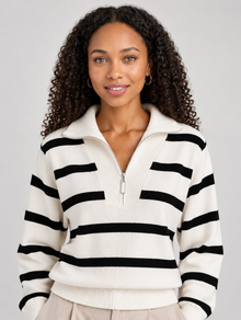 Women's cream striped half-zip knitted jumper – collar and zip detail