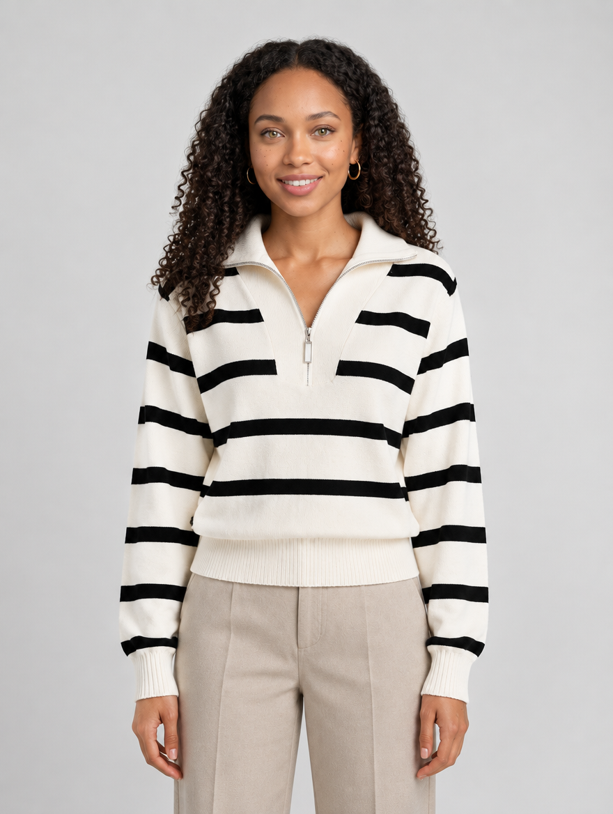 Women's cream striped half-zip knitted jumper – front view