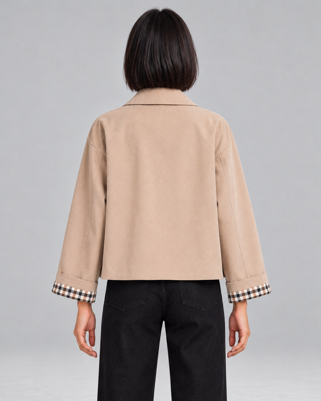 Women's cropped trench jacket with plaid lining in beige – back view