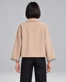 Women's cropped trench jacket with plaid lining in beige – back view