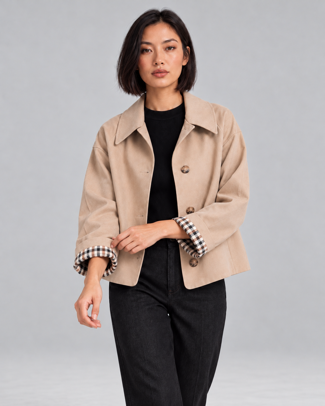 Women's cropped trench jacket with plaid lining in beige – walking view