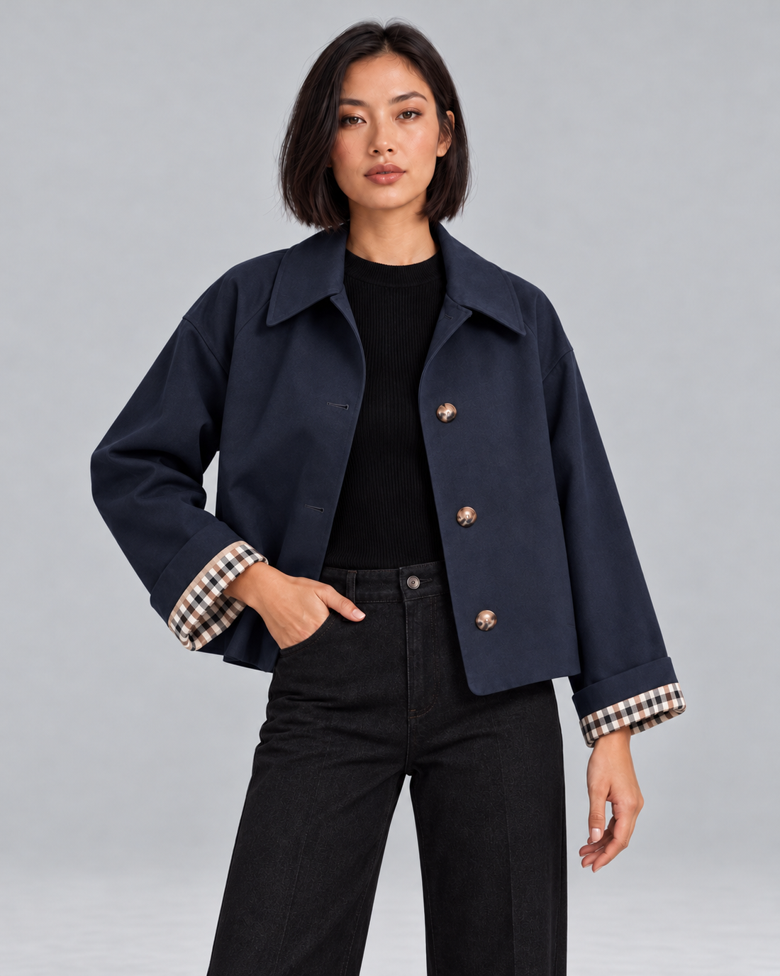 Women's cropped trench jacket with plaid lining in navy