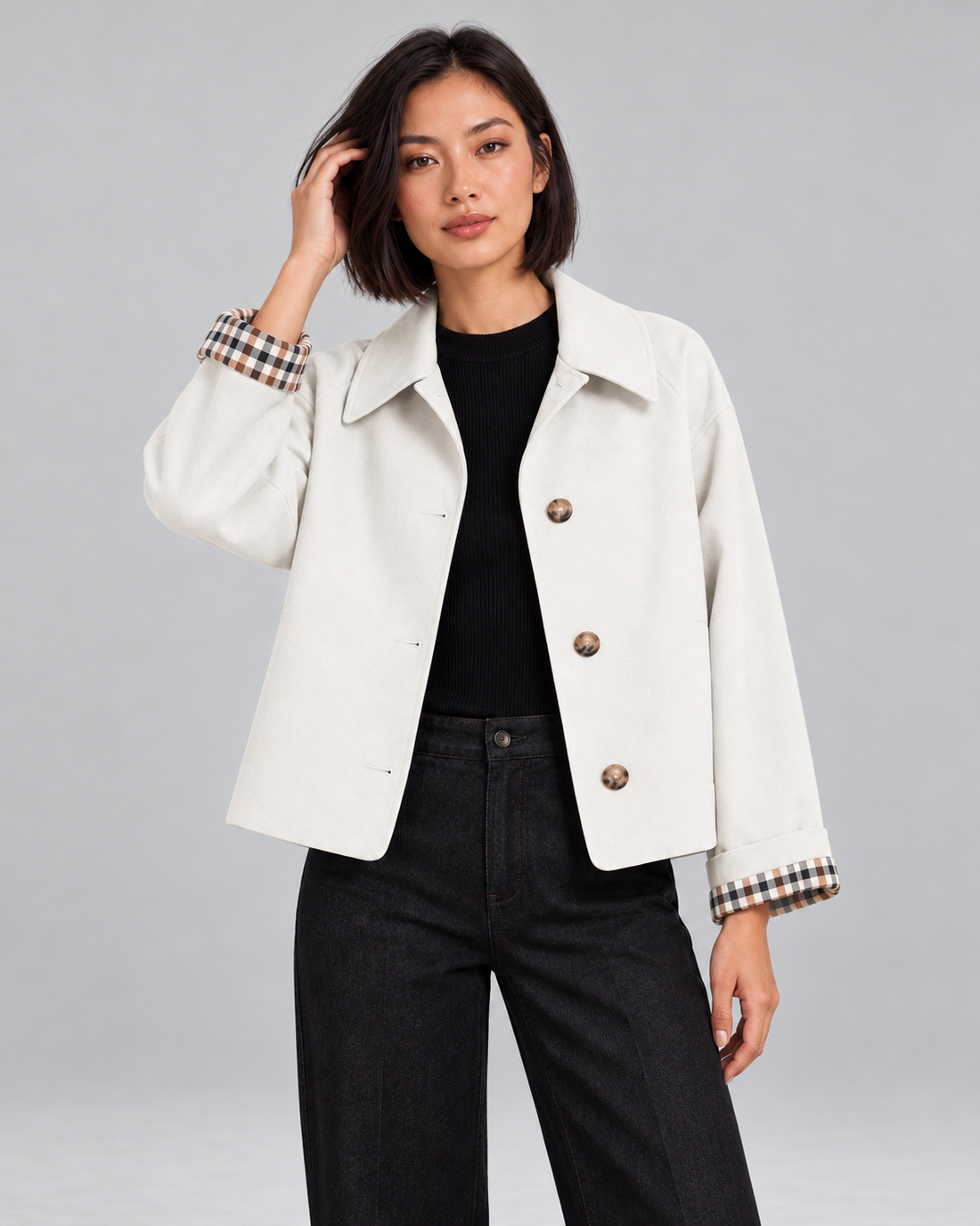 Women's cropped trench jacket with plaid lining in white