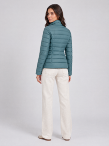 Women’s blue lightweight puffer jacket, back view