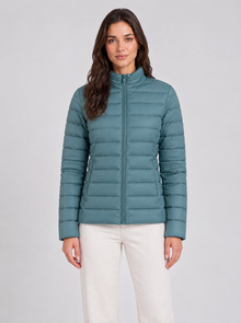 Women’s blue quilted puffer jacket, zip and collar detail