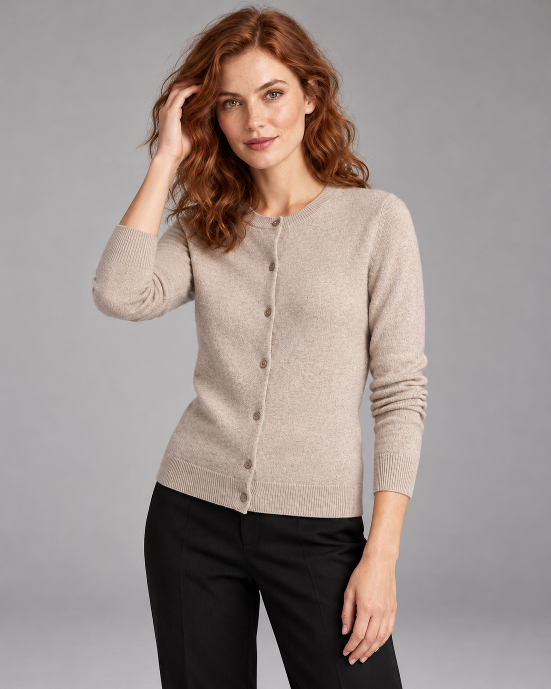Women's merino wool crew-neck cardigan in beige