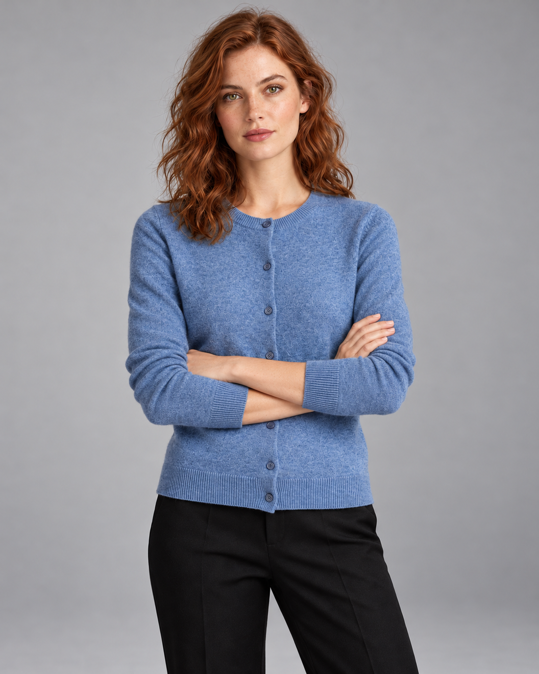 Women's merino wool crew-neck cardigan in blue
