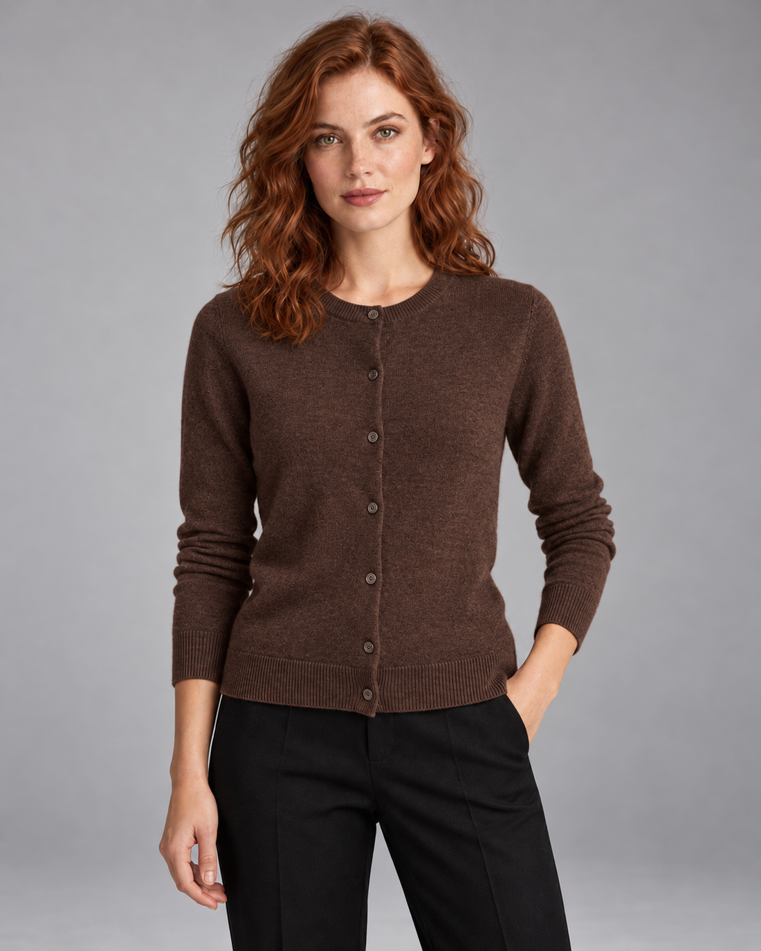 Women's merino wool crew-neck cardigan in brown