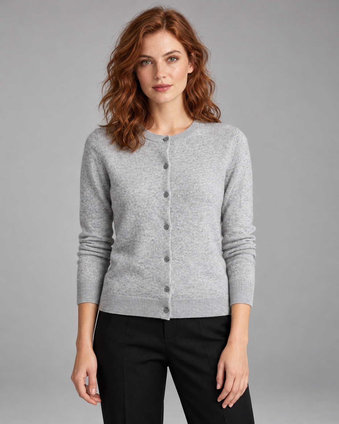 Women's merino wool crew-neck cardigan in grey – front view