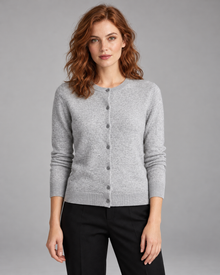 Women's merino wool crew-neck cardigan in grey – front view